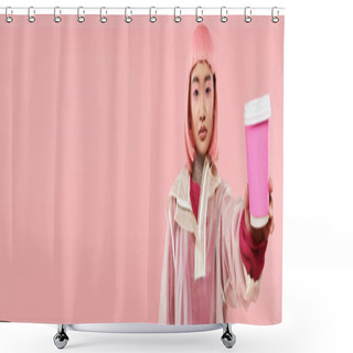 Personality  Banner Of Cute Asian Woman In Her 20s With Pink Hair Holding Cup Of Coffee On Vibrant Background Shower Curtains
