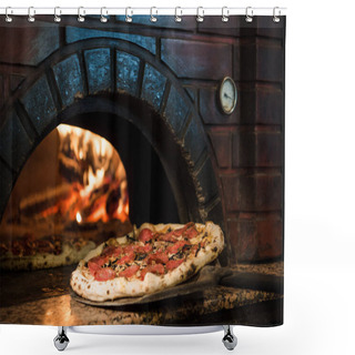 Personality  Close Up View Of Cooking Process Of Raw Pizza On Wooden Stove In Brick Oven Shower Curtains