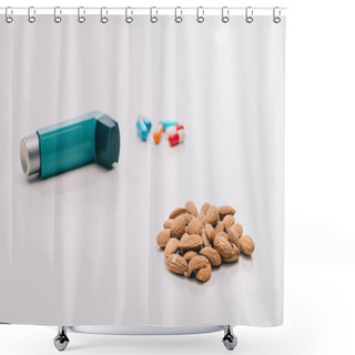 Personality  Selective Focus Of Tasty Almonds Near Pills And Blue Inhaler On Grey Shower Curtains