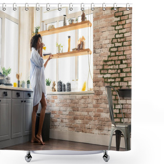 Personality  Beautiful Woman Drinking Orange Juice In The Kitchen. Shower Curtains