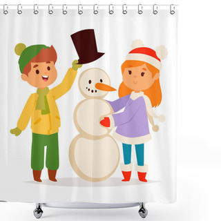 Personality  Christmas Kids Vector Character Playing Winter Games Winter Children Holidays Christmas Tree Cartoon New Year Xmas Kid Shower Curtains