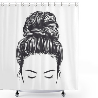 Personality  Black And White Vector Illustration Of Woman Messy Bun Hairstyle, Isolated On White Background Shower Curtains