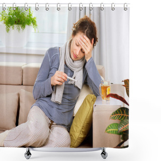 Personality  Sick Woman With Thermometer. Headache. Flu Shower Curtains