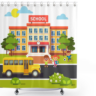 Personality  School Building, Bus And Students Children Shower Curtains