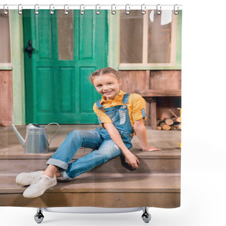 Personality  Adorable Smiling Little Girl Sitting On Porch With Watering Can    Shower Curtains