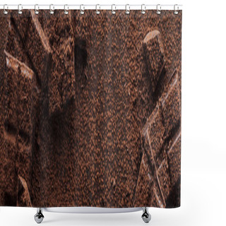 Personality  Panoramic Shot Of Pieces Of Chocolate With Liquid Chocolate And Cocoa Powder On Metal Background Shower Curtains