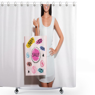 Personality  Woman Carrying Shopping Bag With Sketches Shower Curtains