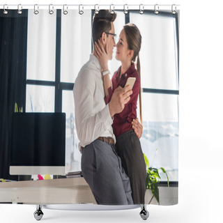 Personality  Attractive Kissing Young Couple In Formal Clothing At Office Shower Curtains