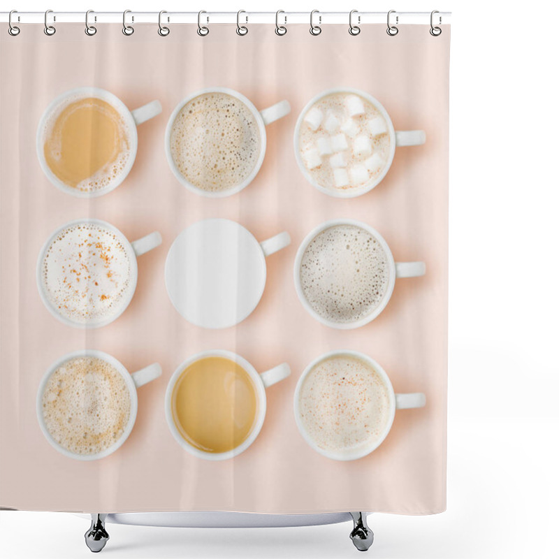 Personality  Set of Coffee cups assortment on pale pink background. Flat lay, top view collection shower curtains