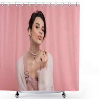 Personality  Stylish Brunette Woman In Pearl Necklace Pouting Lips And Looking At Camera Isolated On Pink Shower Curtains