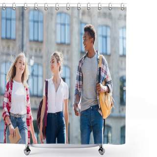 Personality  Group Of Multiethnic Teenagers With Backpacks Having Walk Together With Old School Building On Background Shower Curtains