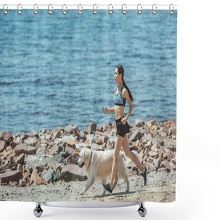 Personality  Distant View Of Asian Sportswoman Running With Dog On Beach  Shower Curtains