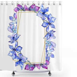Personality  Purple Orchid Flowers. Watercolor Background Illustration. Golden  Polygonal Frame Square. Geometric Polyhedron Crystal Shape. Shower Curtains