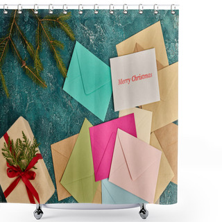 Personality  Gift Box Near Colorful Envelopes And Pine Branches On Blue Texture, Merry Christmas Inscription Shower Curtains