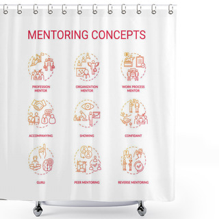 Personality  Mentoring Concept Icons Set. Personal And Professional Growth Idea Thin Line RGB Color Illustrations. Skills Development Help, Knowledge Sharing. Vector Isolated Outline Drawings Shower Curtains