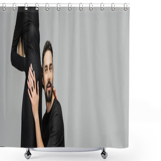Personality  Excited And Bearded Husband In T-shirt Listening And Touching Belly Of Pregnant And Stylish Wife In Black Dress Isolated On Grey With Copy Space, Growing New Life Concept, Banner  Shower Curtains
