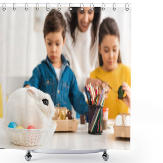 Personality  Selective Focus Of White Rabbit In Wicker Near Mother And Children Painting Easter Eggs Shower Curtains
