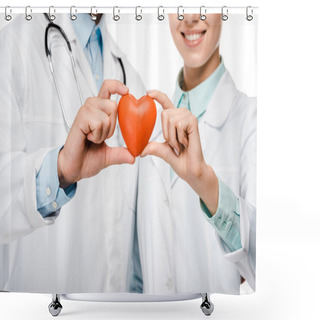 Personality  Cropped Image Of Young Doctors In Medical Coats Showing Heart Symbol Isolated On White Shower Curtains