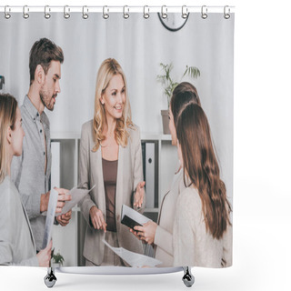 Personality  Young Businesspeople Holding Papers And Looking At Professional Smiling Mentor In Office Shower Curtains
