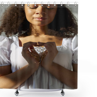 Personality  Young Peaceful Grateful Thankful African American Woman With Closed Eyes In White Dress Making Heart Sign, Led Lights In Hands Of Tranquil Black Female Showing Symbol Of Love. Charity Concept Shower Curtains
