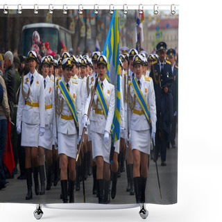 Personality  Russia, Saint Petersburg - May 9, 2017: Military Parade And Girls As Members Of Armed Forces And Police. Dress Uniform Of Air Power (airforce) Shower Curtains