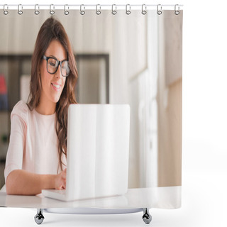 Personality  Young Woman Using Laptop Shower Curtains