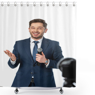Personality  Smiling Journalist With Microphone Pointing With Hand Isolated On White, Blurred Foreground Shower Curtains