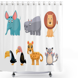 Personality  Cute Wild African Animals Set, Lion, Hippopotamus, Elephant, Toucan, Bald Eagle, Tiger, Mouse Vector Illustration On A White Background Shower Curtains