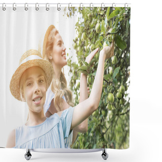 Personality  Smiling Mother And Daughter Picking Apples In Orchard With Sunlight Shower Curtains