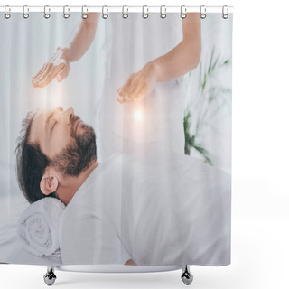 Personality  Cropped Shot Of Bearded Man With Closed Eyes Receiving Reiki Healing Treatment Shower Curtains