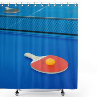 Personality  Pingpong Racket And Ball And Net On A Blue Pingpong Table Vertical Shower Curtains