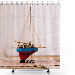 Personality  Decorative Ship With Dry Plant Lumps On Wooden Surface Shower Curtains
