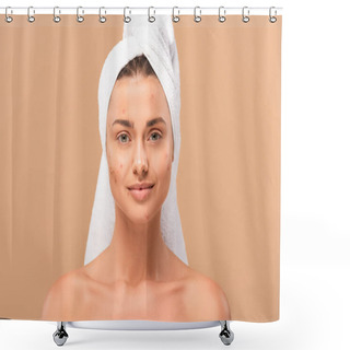 Personality  Happy Nude Girl In Towel Looking At Camera Isolated On Beige  Shower Curtains