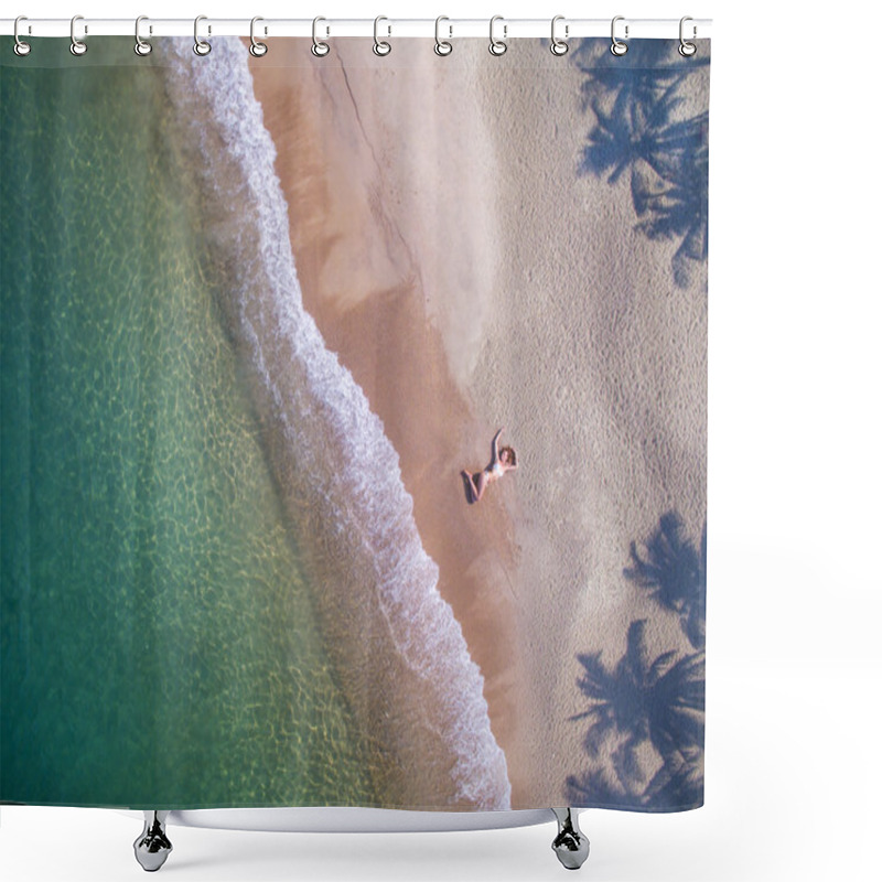 Personality  Girl On The Beach By Aerial View Shower Curtains