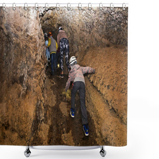 Personality   Group Of Children Goes Through A Lava Cave For An Excursion, Tenerife, Education Shower Curtains