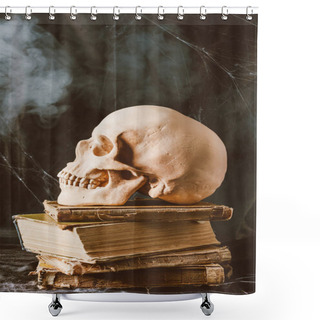 Personality  Halloween Skull On Ancient Books On Black Cloth With Smoke Shower Curtains