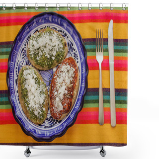 Personality  Mexican Tlacoyos With Green And Red Sauce, Traditional Food In Mexico Shower Curtains