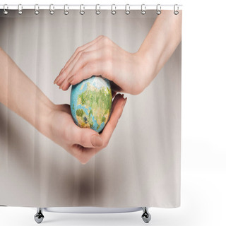 Personality  Partial View Of Woman Holding Earth Model On White Background, Global Warming Concept Shower Curtains