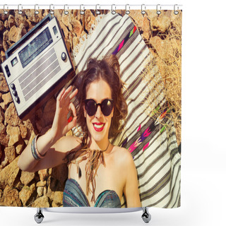 Personality  Beautiful Girl On A Stony Beach Shower Curtains