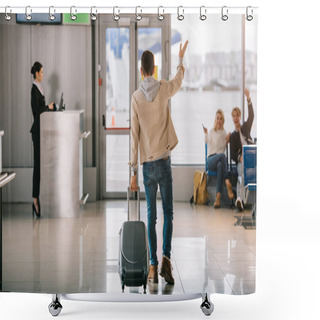 Personality  Back View Of Young Man With Suitcase Waving Hand To Friends In Airport Shower Curtains