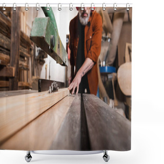 Personality  Surface Level On Workbench With Circular Saw Near Cropped Carpenter On Blurred Background Shower Curtains