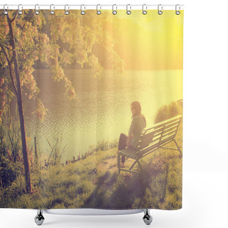 Personality  Woman With Lake In Front Of Her While Sitting On A Park Bench Shower Curtains