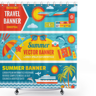 Personality  Summer Travel - Decorative Horizontal Vector Banners Set In Flat Style Design Trend. Summer Travel Vector Backgrounds. Summer, Travel And Transport Flat Icons. Design Elements. Shower Curtains