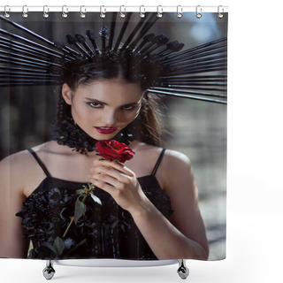 Personality  Young Woman In Witch Costume Looking At Camera, Holding Red Rose Near Face Shower Curtains