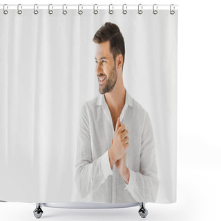 Personality  Side View Of Smiling Man In Linen White Shirt Isolated On Grey Background  Shower Curtains