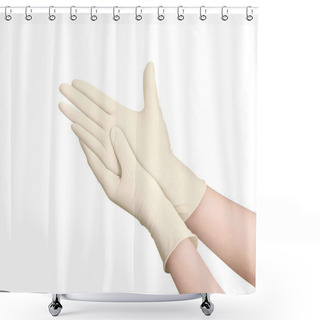 Personality  Two Yellow Surgical Medical Gloves Isolated On White Background With Hands. Rubber Glove Manufacturing, Human Hand Is Wearing A Latex Glove. Doctor Or Nurse Putting On Nitrile Protective Gloves Shower Curtains