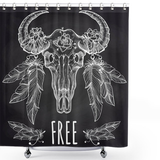 Personality  Buffalo Skull With Feathers Headdress Shower Curtains