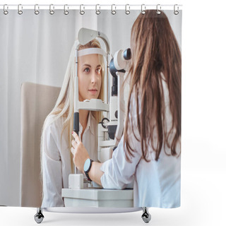 Personality  Woman Is Checking Her Sight At Optician Cabinet Shower Curtains