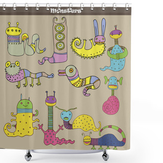 Personality  Set Of Multicolored Cartoon Monsters Against Grey Background. Vector Image Shower Curtains