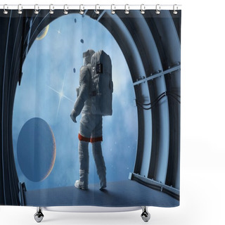 Personality  Astronaut In The Tunnels Of The Spacecraft. Shower Curtains